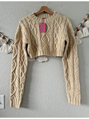 Edikted Cable Knit Beige Crewneck Crop Sweater Top Cottage Preppy Boho NWT S